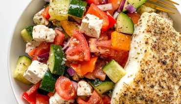 Image of Seared Alaskan Halibut with Greek Salad